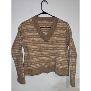 Faherty Fair Isle Knit V Neck Sweater Women Size S Brown Pink Cream Wool Blend